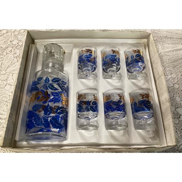 MCM Luminarc France Blue Gold Leaves Decanter 6 Footed Liqueur Aperitif Glasses - Picture 9 of 9